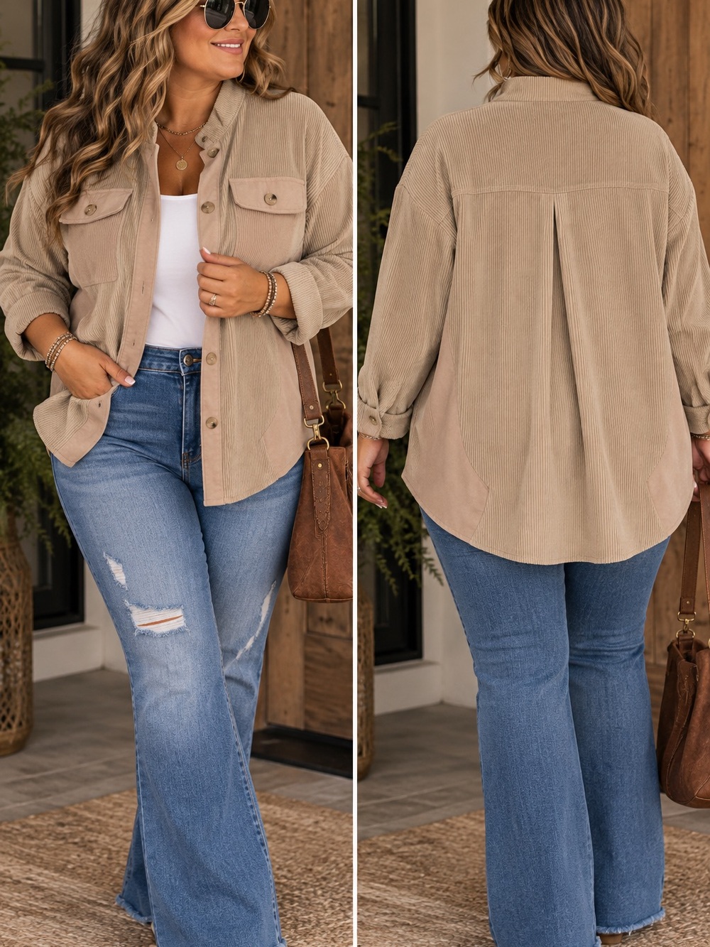 Women's Taupe Corduroy Utility Shacket - Casual Button-Front